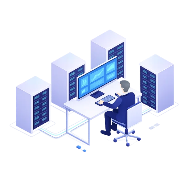 A man sitting at a computer and surrounded by servers